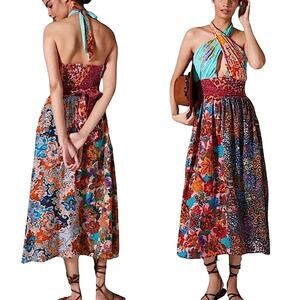 Anthro Love the Label Floral Patchwork Print Backless Cotton Midi Dress Small